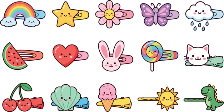 Cute kawaii hair clips and pins vector set featuring cartoon rainbow star flower animal and fruit characters illustration
