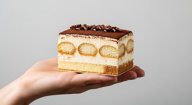 Layered Tiramisu Cake Slice Resting on Open Hand Against Gray Background