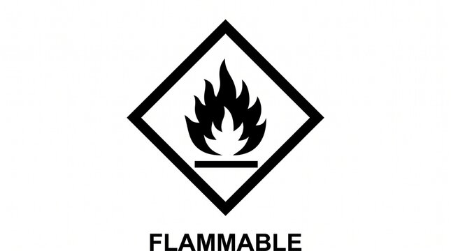 Black and white flammable hazard warning sign symbol with text.
