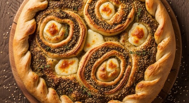 Gourmet middle eastern manakish flatbread with zaatar spices sesame seeds and melted cheese swirls on rustic wooden baking board