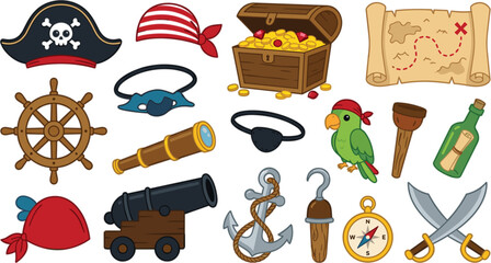 Cute pirate adventure vector icon set featuring treasure chest map skull hat parrot cannon ship wheel and anchor illustration