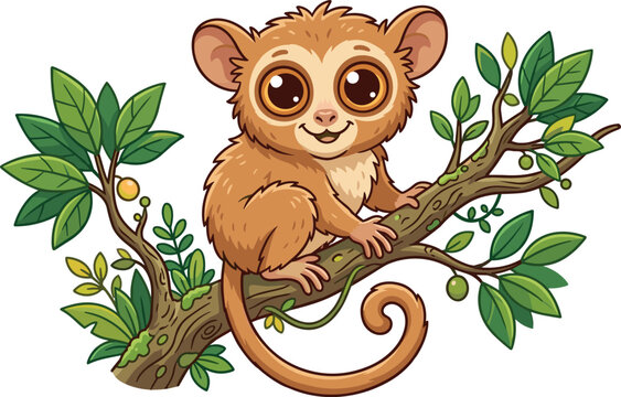 Cute cartoon tarsier monkey character with big eyes sitting on a tropical tree branch vector illustration for children book