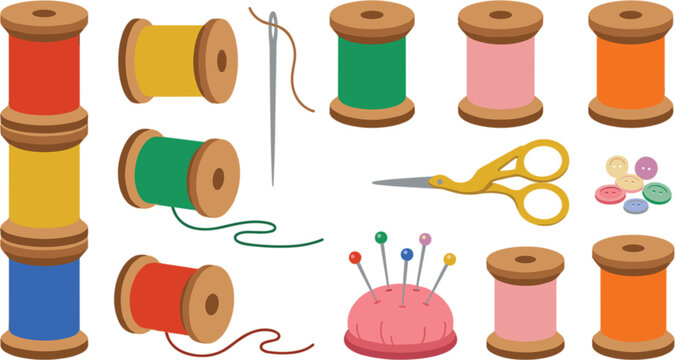 Colorful sewing and tailoring vector set featuring wooden thread spools needles pins pincushion scissors and buttons tailoring craft illustration
