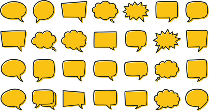 Yellow speech bubbles vector set with hand drawn doodle comic talk balloons chat clouds and blank message boxes illustration