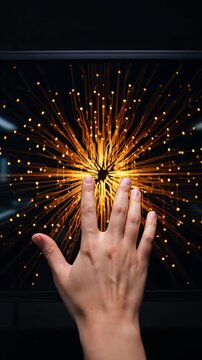 Hand touching interactive digital screen with glowing golden particle burst.