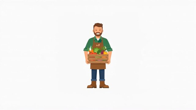 Animated Cartoon Farmer Character Holding A Wooden Crate Of Fresh Vegetables And Fruits.