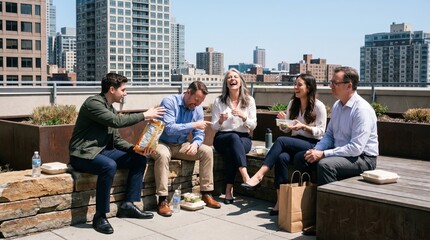 Fototapeta premium Coworkers enjoying lunch break on rooftop terrace with city skyline