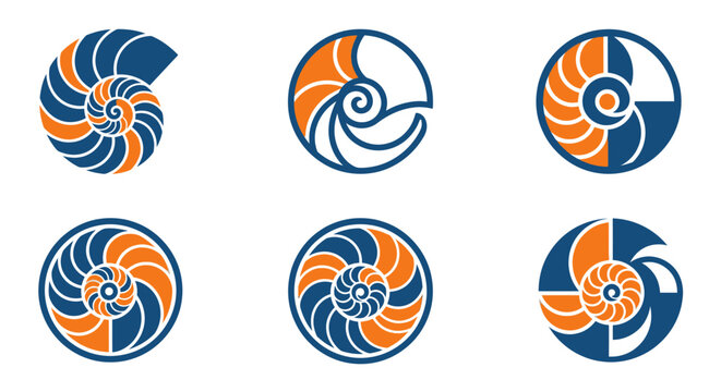 Set of six blue and orange nautilus shell logos.