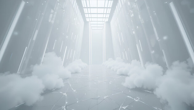 Abstract futuristic white corridor with glowing vertical lines and clouds leading to a bright light with corridor geometric patterns floor clouds either