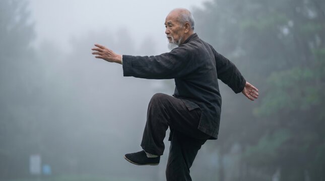 Senior man practicing tai chi in misty outdoor setting with balanced pose