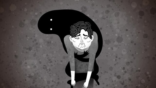 sad man carrying the shadow entity shadow of depression on his shoulders