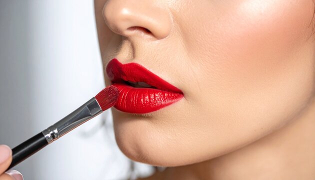 A close-up of glossy red lips being delicately painted with a fine brush, capturing the sensual precision of makeup artistry, vibrant color, and smooth texture under soft lighting.