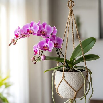 Vibrant Pink Orchid Blooming in White Hanging Planter Indoors