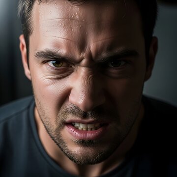 Angry Young Man Glaring with Intense Expression in Dark Studio Close Up