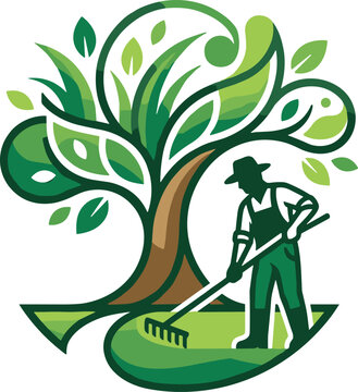 Green gardening logo vector illustration with professional gardener worker raking grass under a big organic leaf tree icon
