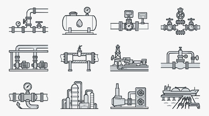 Obraz premium Modern Black and White Line Icons Set of Industrial Pipeline and Processing Equipment Illustrations