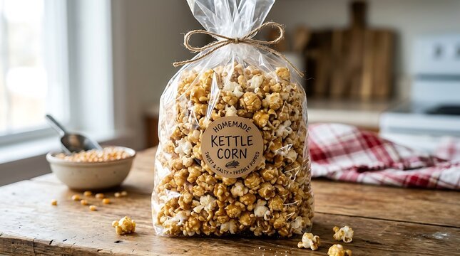 Homemade Kettle Corn Bag Tied with Twine on Rustic Kitchen Table