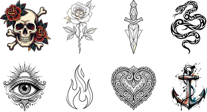 Collection of traditional tattoo flash vector illustrations featuring skull rose dagger snake eye flame heart and anchor