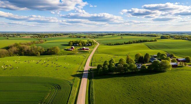 Scenic Green Farmland Spreading Along Country Road Under Cloudy Blue Sky