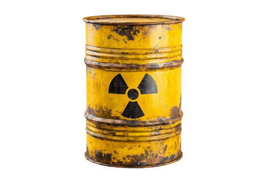 Rusty yellow metal barrel with a radioactive symbol, used for hazardous waste storage isolated on transparent background, Clipart png