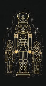 Glowing Golden Nutcracker Soldiers Standing on Dark Festive Background