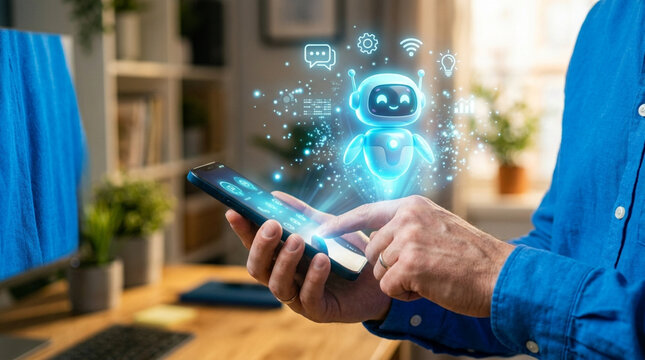 Person in blue shirt holding smartphone with glowing blue 3D holographic AI robot assistant and digital tech icons floating over screen in a bright modern home office desk setting.