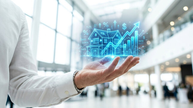 Businessman holding glowing blue digital 3D house wireframe hologram featuring rising financial growth charts, interest rate percentages, and data icons against blurred office lobby.