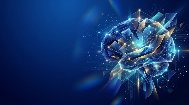 Abstract illustration of a glowing blue human brain with low poly geometric facets and neural network connections on a dark background with digital circuitry and copy space.