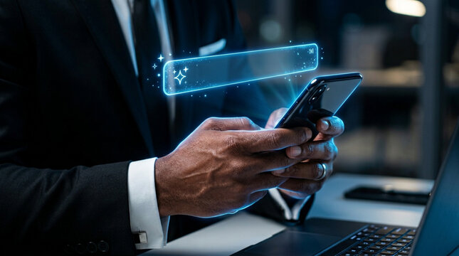 Businessman using smartphone with glowing holographic search bar overlay. Digital interface with stars above phone screen. Office setting with laptop at night. Professional suit.