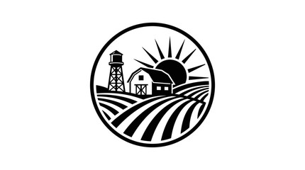 Naklejka premium Black and white farm emblem with barn field and sun.