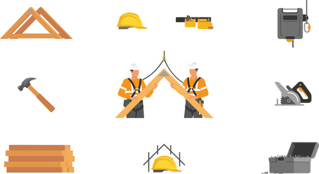 House roof framing construction icon set vector illustration featuring carpenters install wooden truss with hammer, circular saw, and safety hardhat elements.