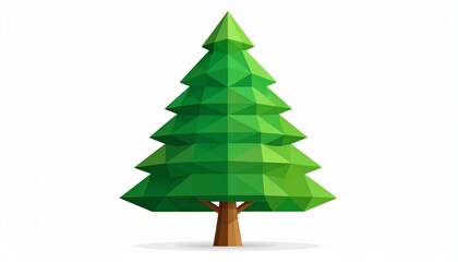 Fototapeta premium A stylized low-poly pine tree with layered triangular foliage and a brown trunk, standing on a clean white background, symbolizing nature’s simplicity, digital art, and geometric harmony.
