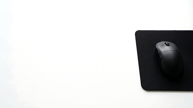 Minimalist composition of a sleek black computer mouse on a matching pad against a clean white background