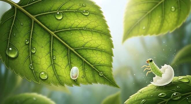 Tiny Green Caterpillar Hatching From Egg on Dewy Leaf in Sunlit Garden