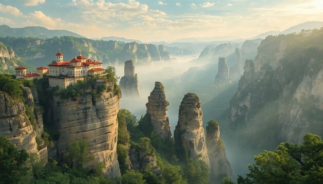 Meteora Greece Monasteries on Rock Pillars Gouache Travel Illustration