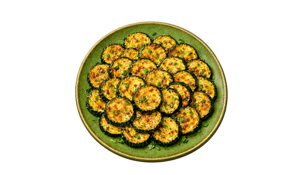 Plate of roasted zucchini slices garnished with chopped herbs, isolated on transparent background.