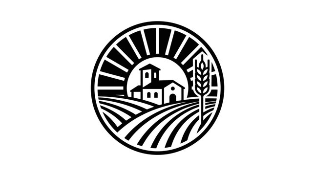 Minimalist circular farm logo with wheat and farmhouse.