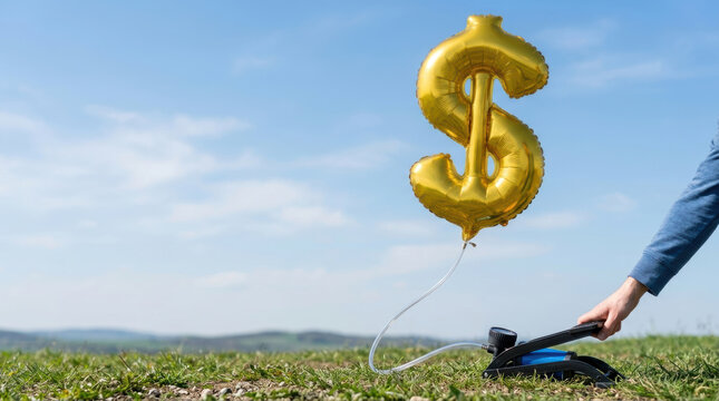 Global economy faces inflation challenges as person pumps balloon shaped like dollar sign in open field