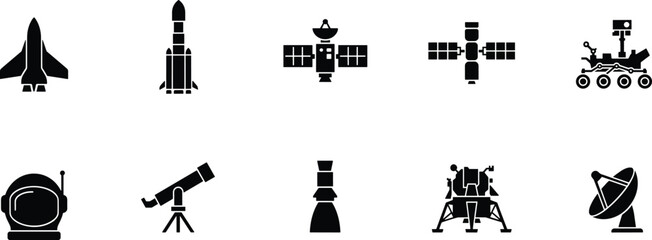 Obraz premium Space Exploration Icons Collection Featuring Shuttle Rocket Satellite Rover Astronaut Telescope Lander Antenna Vector Illustration Set for Science