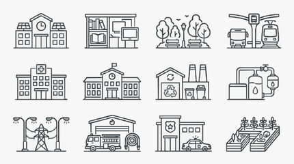 Creative Black and White Line Icons Set Featuring Essential Urban Infrastructure and Community Services © Caper