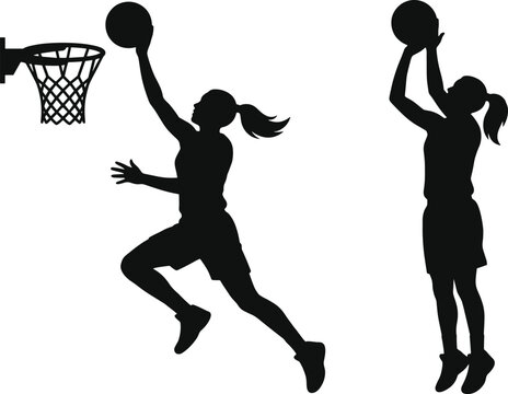 Silhouette of a female basketball player shooting a hoop and performing a layup on white background