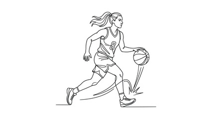 Obraz premium Continuous line drawing of a female basketball player dribbling the ball.