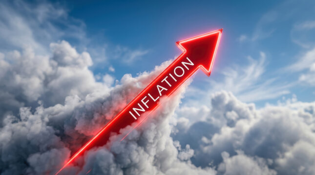 Inflation concept with red arrow rising through clouds symbolizing impact global economy and financial growth challenges uncertain market