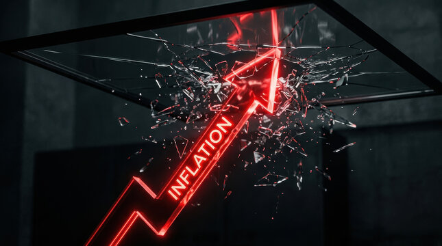 Inflation economy global arrow glass break increase growth financial crisis market business risk trend sharp red impact pressure concept stress