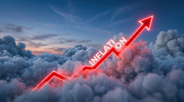 Inflation rising sharply in global economy with glowing arrow above clouds showing economic growth and financial pressure in market