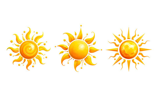 Set of three stylized sun icons with different radiant designs. Conceptual illustrations for summer, hot weather, sunny days, and meteorological forecasts.