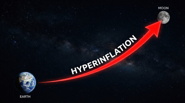 Hyperinflation impact on global economy shown as red arrow from Earth to Moon symbolizing extreme inflation growth effect