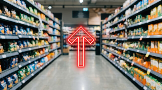 Supermarket aisle with shelves full of products and glowing red arrow sign showing direction reflecting global economy and inflation impact