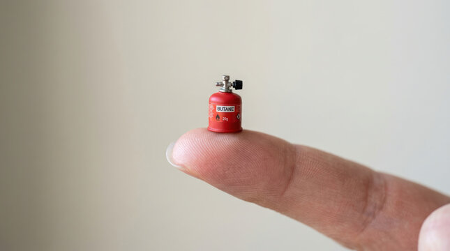 Miniature gas cylinder on fingertip symbolizing global economy impact and inflation pressure in energy market