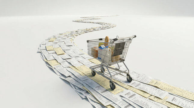 Shopping cart with groceries on long path of receipts symbolizing global economy impact and inflation affecting consumer spending and market trends